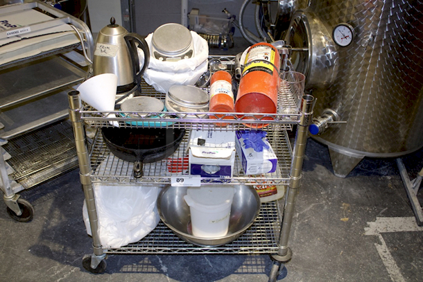 HUGE LOT! 3 Wire Shelf Utility Cart. Does Not Include Cast Iron Pan.  - Image 1 of 4