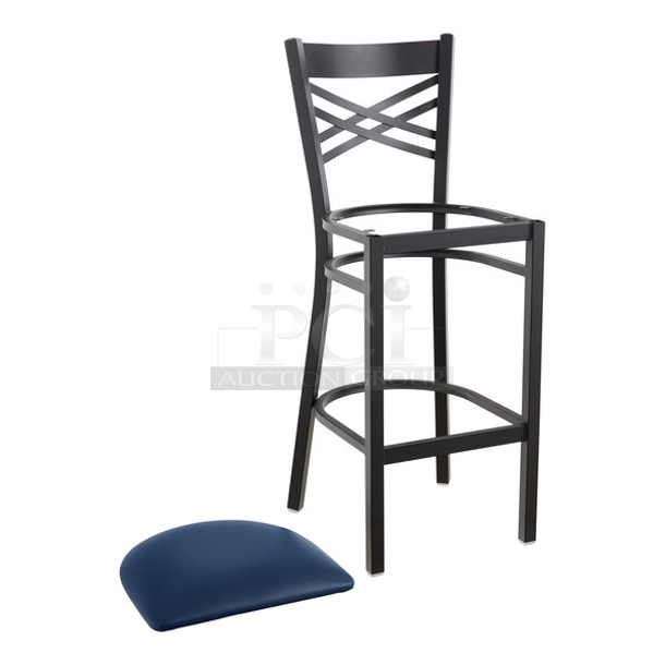 BRAND NEW SCRATCH & DENT! Lancaster Table & Seating (10) Black Finish Cross Back & (1) Distressed Copper Finish Ladder Back Bar Stools with 2 1/2" Navy Vinyl Padded Seat. 11x Your Bid  - Image 2 of 12
