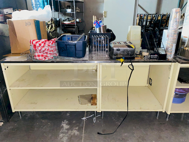 7ft Steel Soda Fountain Cabinet With Various Smallware and Equipment.
86x30x36
 - Image 1 of 7