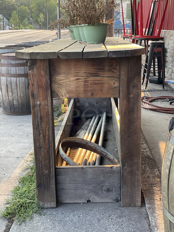HEAVY DUTY! Solid Wood Bar Height Outdoor Table With Room For Storage In The Base, 60"x18x42"  - Image 3 of 5