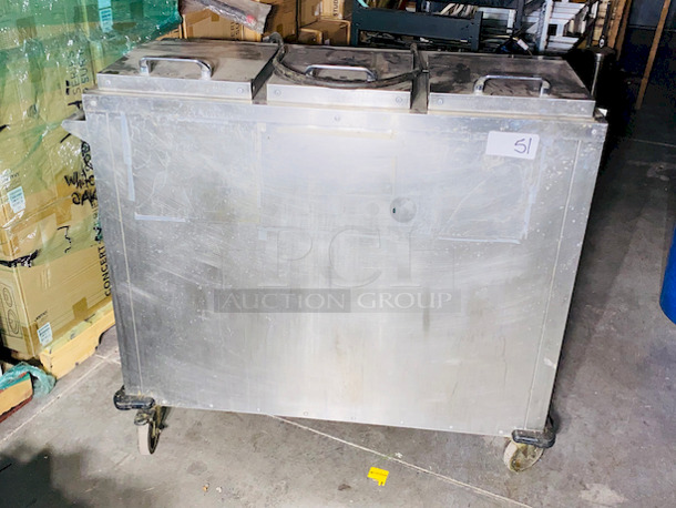 SWEET! Aladdin Temp-Rite DH08 3 Columns Dish Heater, Fits Up To 9 inch Plates. 

In Working Condition When tested. 
208V, 240V, Single Phase, 15.9Amps, 20Amps, 60HZ, 3-wire

47 1/8"x24 1/2"x42 13/16"
300 lbs

3 dispensing columns
Durable and attractive stainless steel cabinet
Fully insulated heater compartment
Four swivel 5" casters, two with brakes, for ease of maneuverability and stability
Convenient push/pull handle
Corner bumpers
Tight fitting lid design seals without gasket
Eight foot long, three wire, grounded electrical supply cord and plug with strain relief - Image 9 of 9