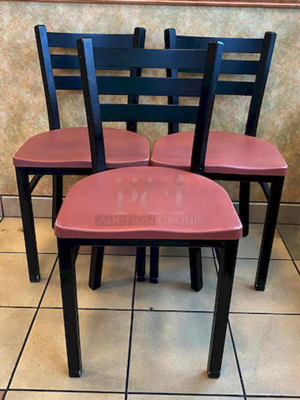 AMAZING! Group of 3 Plymold Quest Ladderback Steel Chairs.
18x18x31-1/2.

3x Your Bid. - Image 1 of 5