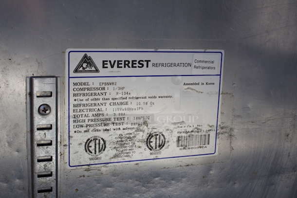 Everest Refrigeration EPBNWR2 59" Two Door Back Mount Sandwich Prep Table 16 Cubic Feet, 115v/60/1ph. Tested. Works Great!! - Image 8 of 8