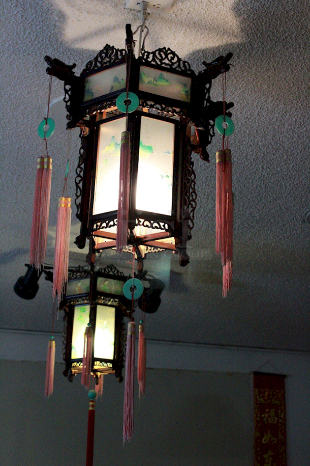 VINTAGE! Classical Chinese Hanging Lanterns With Ornate Carvings & Designs, With Light Fixture. - Image 1 of 4