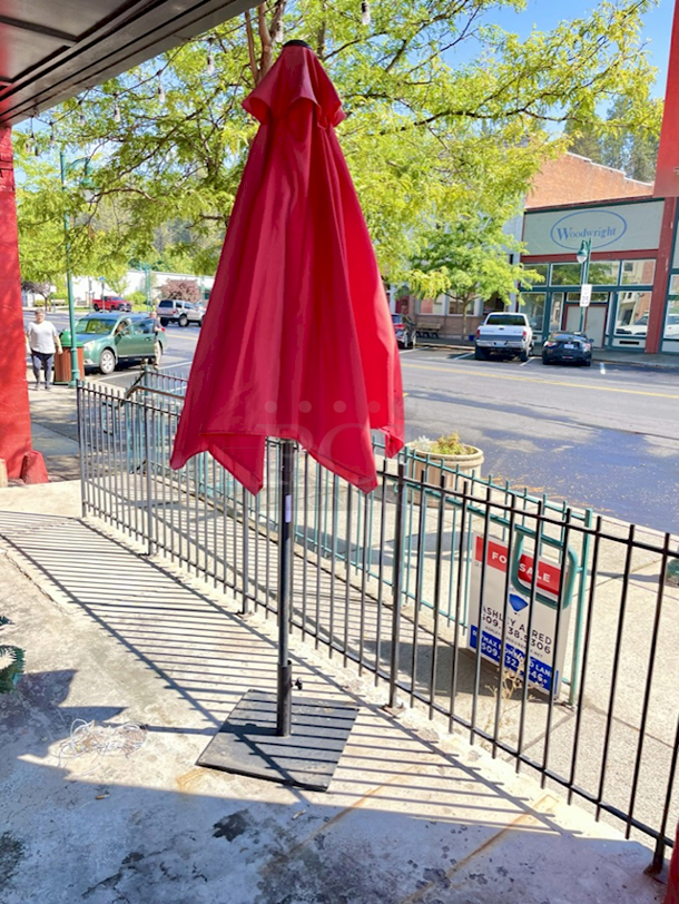 BEAUTIFUL! Large Red Patio Table Umbrella With Base.  - Image 2 of 4