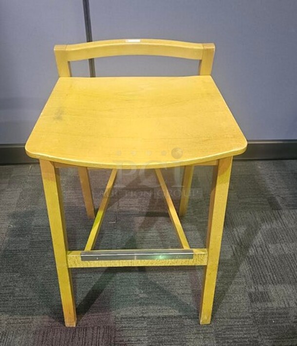 ALL ONE MONEY Set of four wooden stools. In good condition! Some scratches, but sturdy pieces. No broken parts. 33” H x 18” W. - Image 2 of 3