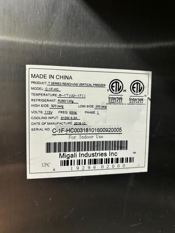 Migali C-1F-HC 28" One Section Reach In Freezer, (1) Solid Doors, 115v
 - Image 4 of 6
