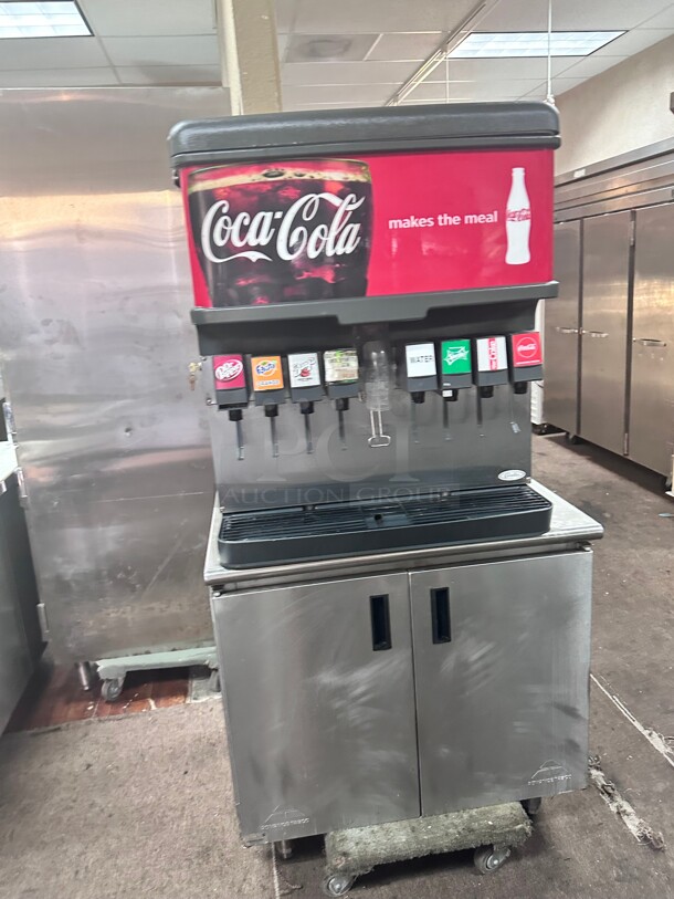 Certified Working Cornelius DF200 Ice and Beverage Dispenser Soda Machine with 8 Valves w/ Pump Includes Stainless Steel Cabinet  - Image 2 of 7