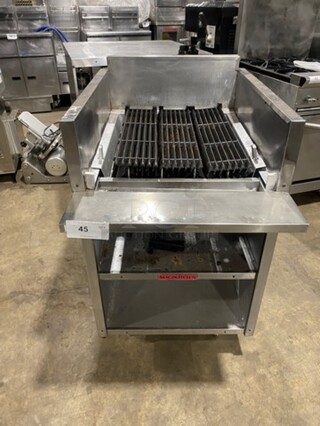 MagiKitch'n Commercial Natural Gas Powered Char Grill! With Back And Side Splashes! With Shelf Storage Space Underneath! All Stainless Steel! Model: FMRMB24 SN: 99119445