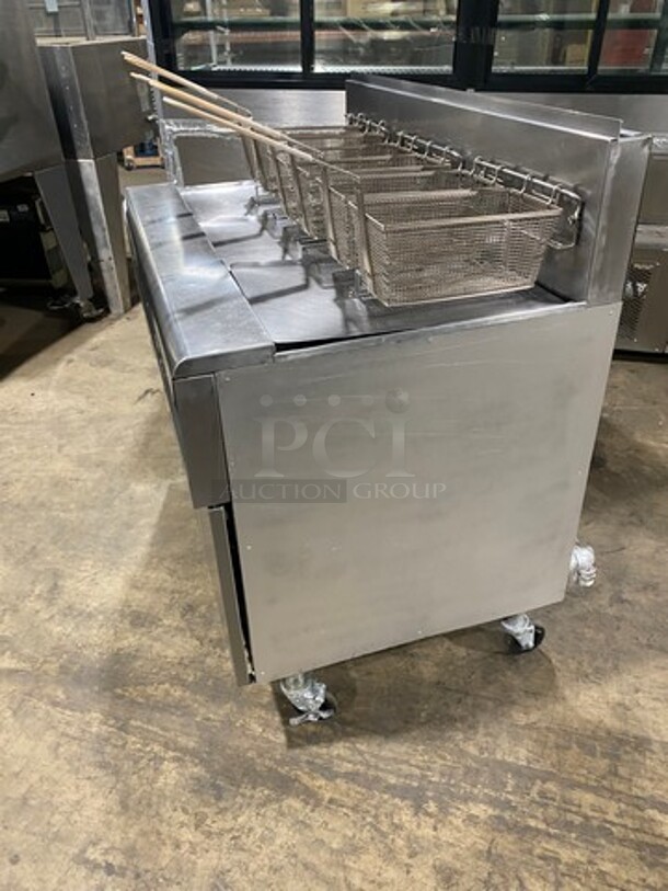 Frymaster Commercial LP Powered 3 Bay Deep Fat Fryer! With Metal Frying Baskets! All Stainless Steel! On Casters! Model: FPPH355CSD SN: 1202IE0089 - Image 2 of 12