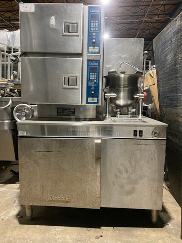 Cleveland Commercial Natural Gas Powered 2 Deck Steam Cabinet! With Cleveland Countertop 6 Quart Tilting Steam Kettle! All Stainless Steel! On Legs! - Image 1 of 8