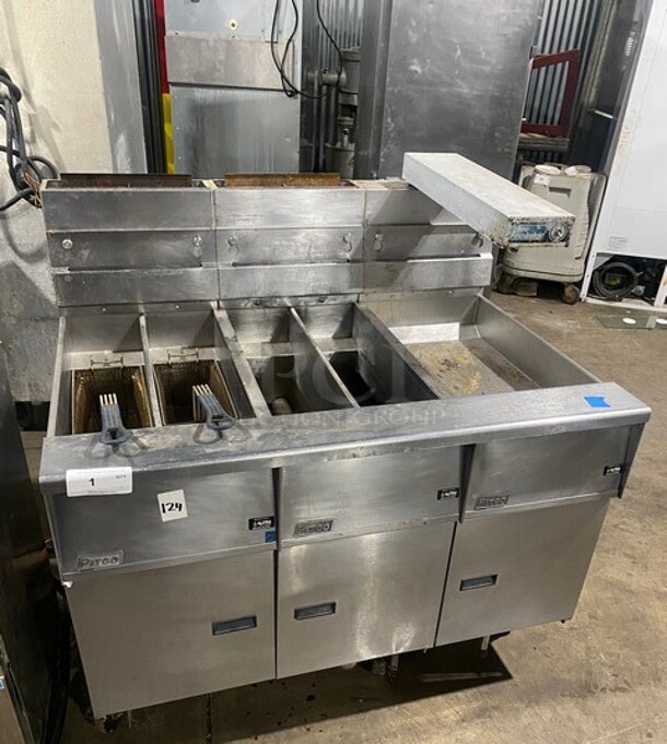 NICE! Pitco Frialator Commercial Natural Gas Powered 2 Bay Deep Fat Fryer With Dump Station! All Stainless Steel! On Casters! WORKING WHEN REMOVED! Model: 6GL4TS SN: GO6GB029066  