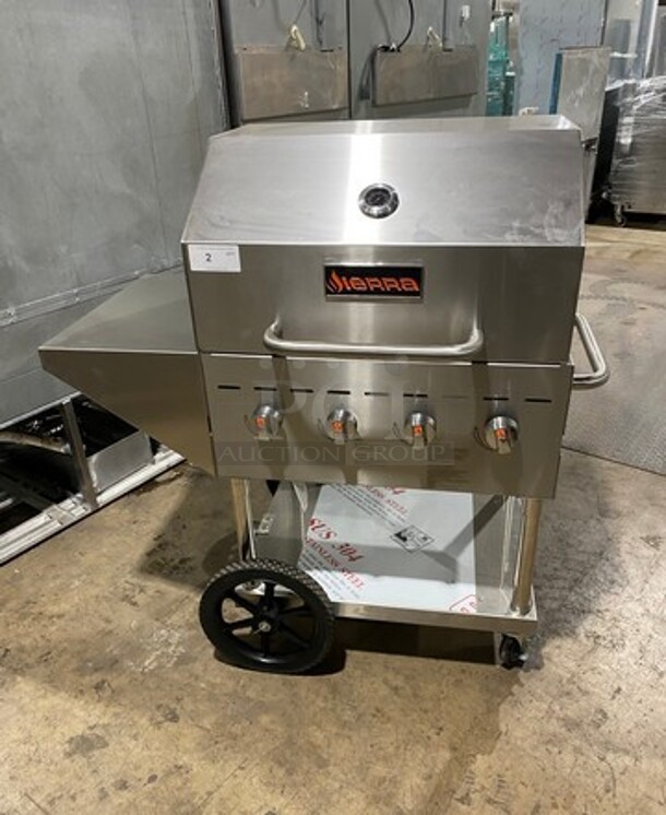 NEW! Sierra LP Powered Outdoor Grill! With Hinged Lid! Open Storage Space Underneath! Solid Stainless Steel! On Casters! Model: SRBQ30 SN: 200802934 - Image 1 of 9
