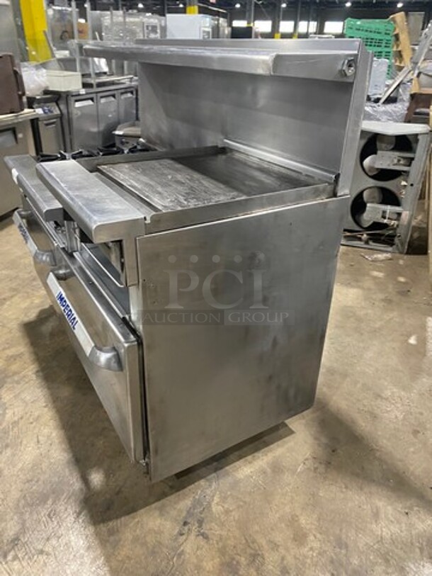 Imperial Commercial Natural Gas Powered 6 Burner Stove With Right Side Flat Griddle! Griddle Has Side Splashes! With Raised Back Splash And Salamander Shelf! With 2 Oven Underneath! Metal Oven Racks! All Stainless Steel! On Casters! - Image 2 of 11