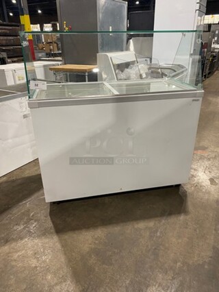 LATE MODEL! 2014 Fricon Commercial Reach Down Chest Freezer Merchandiser! With 2 Top Sliding Doors! With Sneeze Guard! On Casters! Model: THG7SG SN: 021080 115V 60HZ 1 Phase