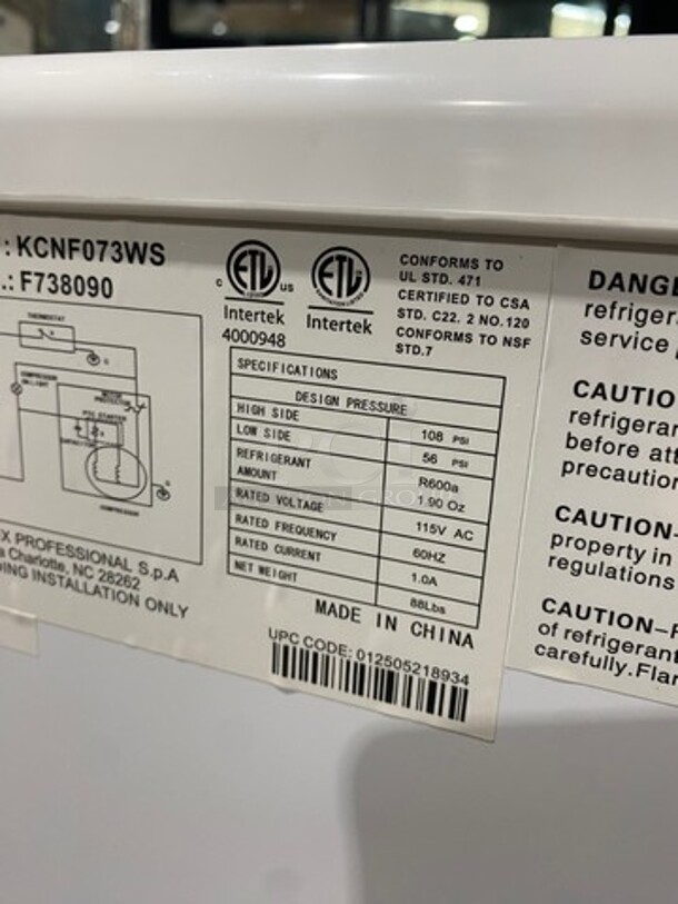 SCRATCH-N-DENT! LATE MODEL! Kelvinator Commercial Reach Down Chest Freezer! With Hinged Top Lid! Model: KCNF073WS SN: F738090 115V - Image 9 of 10