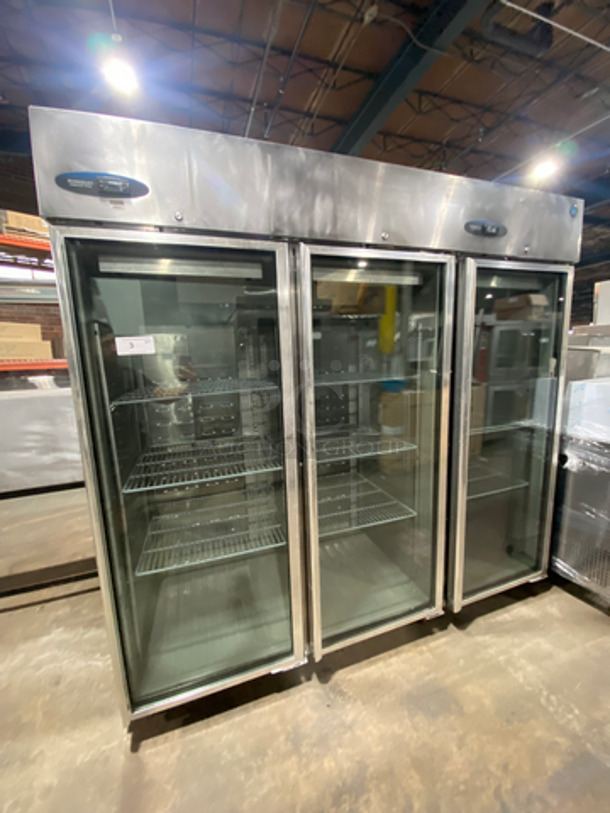 COOL! Hoshizaki Commercial 3 Door Reach In Cooler Merchandiser! With View Through Doors! Poly Coated Racks! All Stainless Steel Body! Model: CR3BFGYCR SN: E50016E 115V 60HZ 1 Phase