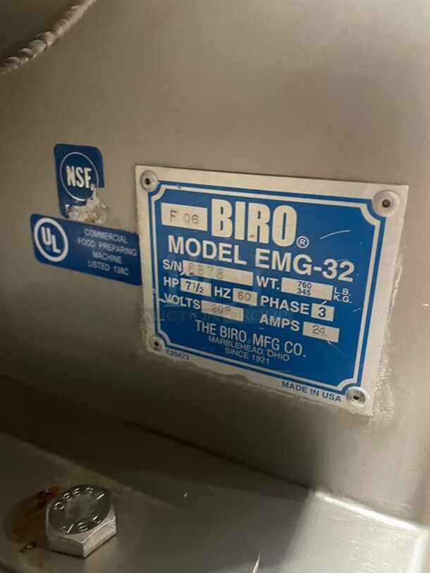 Nice! Biro Floor Style Meat Mixer/Grinder! Model EMG32 Serial 8878! 7.5 Horse Power! 208V 3pH! On Legs With Casters! - Image 5 of 9