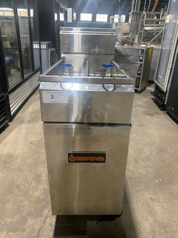 WOW! LATE MODEL! 2021 Sierra Commercial Natural Gas Powered Deep Fat Fryer! With 2 Metal Frying Baskets! With Backsplash! All Stainless Steel! On Casters! SN: 8102179082