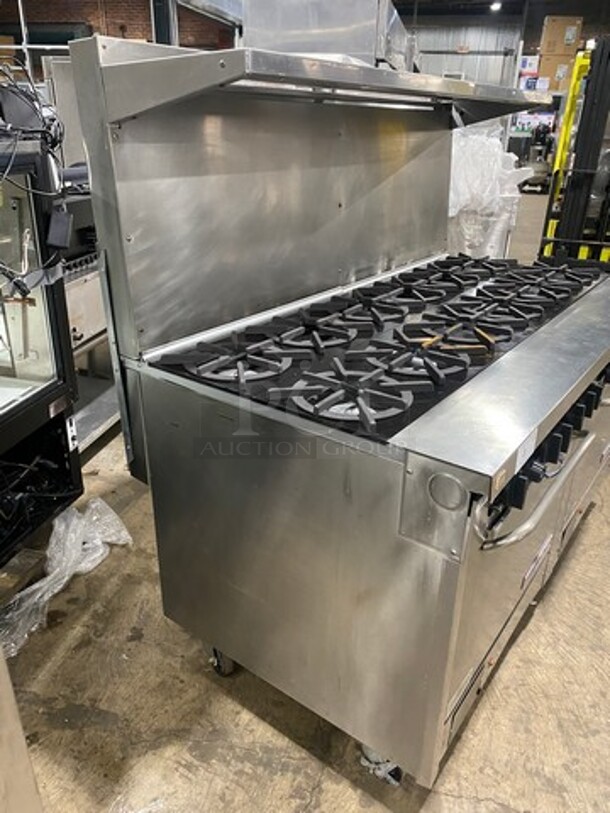 Southbend Commercial Natural Gas Powered 12 Burner Stove! With Raised Back Splash And Salamander Shelf! With 2 Full Size Oven Underneath! All Stainless Steel! On Casters! Working When Removed! - Image 2 of 10