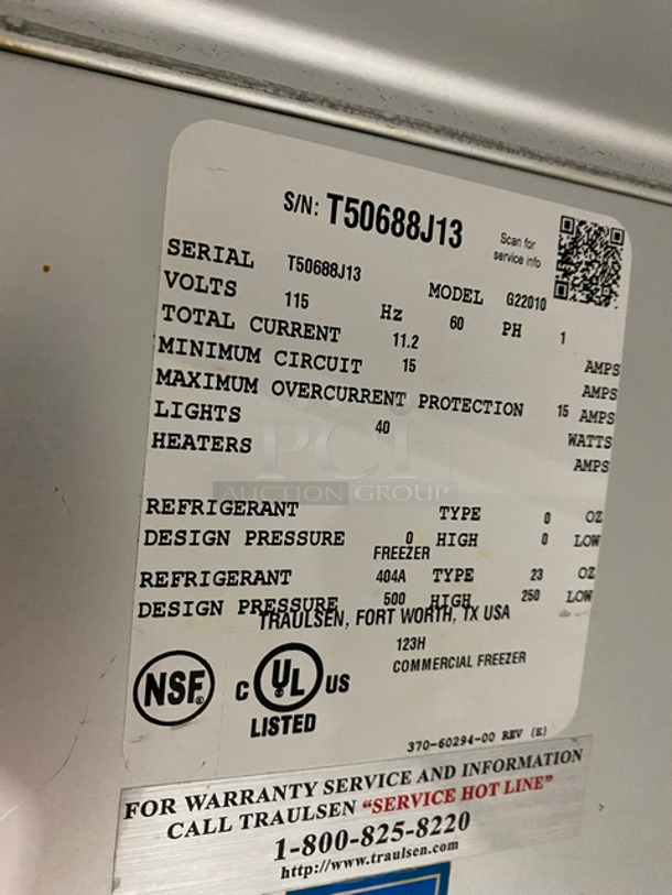 COOL! Traulsen 2 Door Reach In Freezer Unit! With Poly Coated Racks! All Stainless Steel! On Casters! Model: G22010 SN: TT50688J13 115V 60HZ 1 Phase - Image 8 of 10