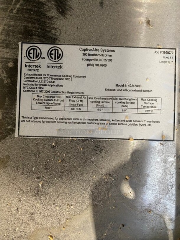 GOOD CONDITION! Captive Aire Commercial 6Ft Exhaust Hood! With Captive Aire Exhaust Fan! All Stainless Steel! Model: 4224VHB, Model: DU12HFA - Image 7 of 11