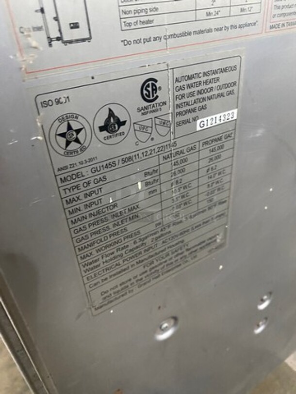 Eternal Natural Gas Powered Condensing Hybrid Water Heater! Model GU145S Serial G1214323! - Image 9 of 10