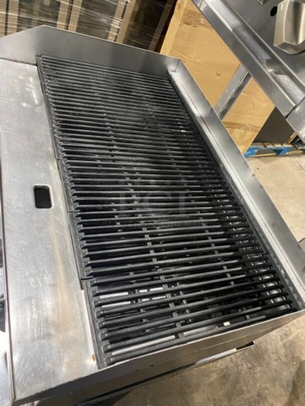 WOW! AMAZING FIND! L & J Commercial Natural Gas Powered Char Broiler Grill! With Back And Side Splashes! On Small Legs! With Overhead Natural Gas Powered American Range Cheese Melter! On Equipment Stand! With Storage Space Underneath! All Stainless Steel! On Legs! - Image 5 of 12