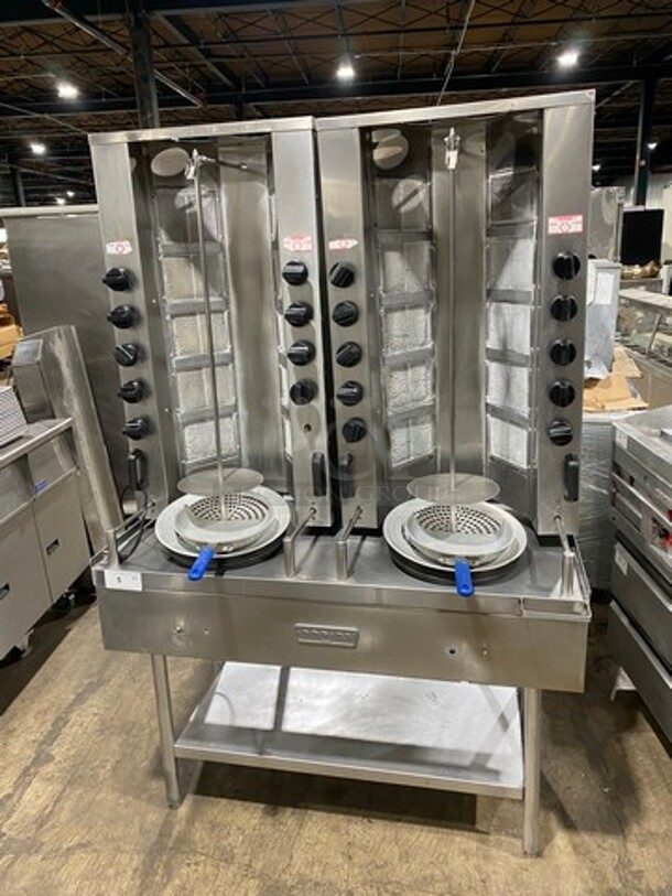 Attias Natural Gas Powered Dual Gyro Machine! On Equipment Stand! With Storage Space Underneath! All Stainless Steel! On Legs!