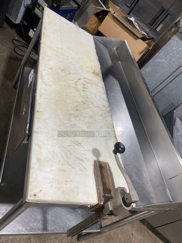 NICE! Solid Stainless Steel Work Top/ Prep Table! With Commercial Cutting Board! With Back Splash! With Mounted Can Opener! With Storage Space Underneath! On Legs! - Image 5 of 9