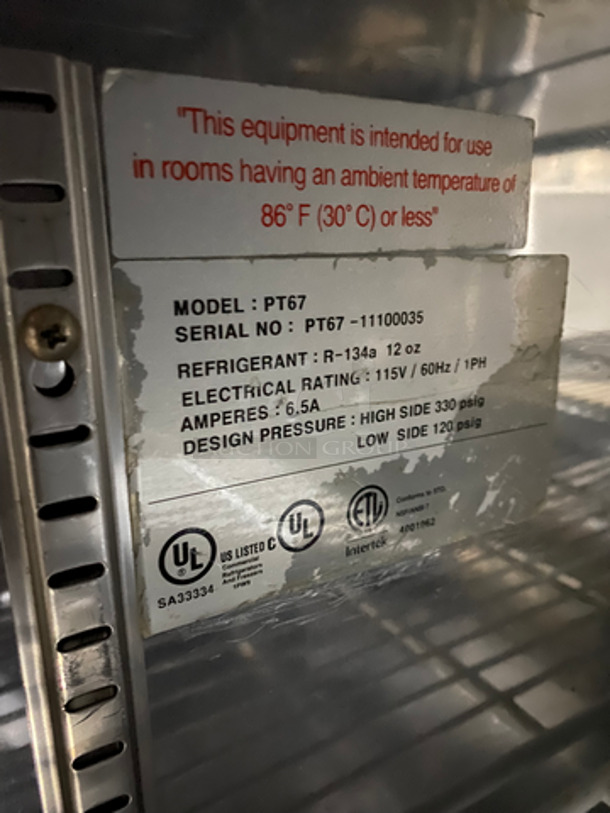 Commercial Refrigerated Pizza Prep Table! With 2 Door Underneath Storage Space! With Poly Coated Racks! All Stainless Steel! On Casters! Model: PT67 SN: 11100035 115V 60HZ 1 Phase - Image 7 of 10