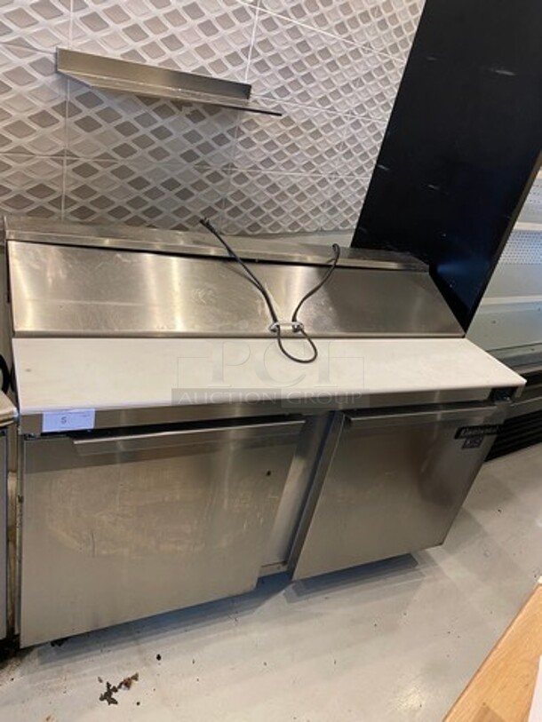 Continental Commercial Refrigerated Sandwich Prep Table! With Commercial Cutting Board! With 2 Door Storage Space Underneath! All Stainless Steel! On Casters! WORKING WHEN REMOVED! Model: SW6016 SN: 15875040 115V 60HZ 1 Phase