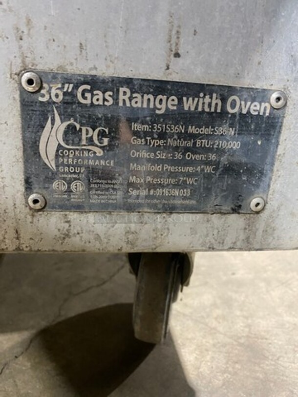 CPG Commercial Natural Gas Powered 6 Burner Stove! With Raised Back Splash! With Oven Underneath! All Stainless Steel! On Casters! Model: S36N SN: 091636N033 - Image 10 of 10