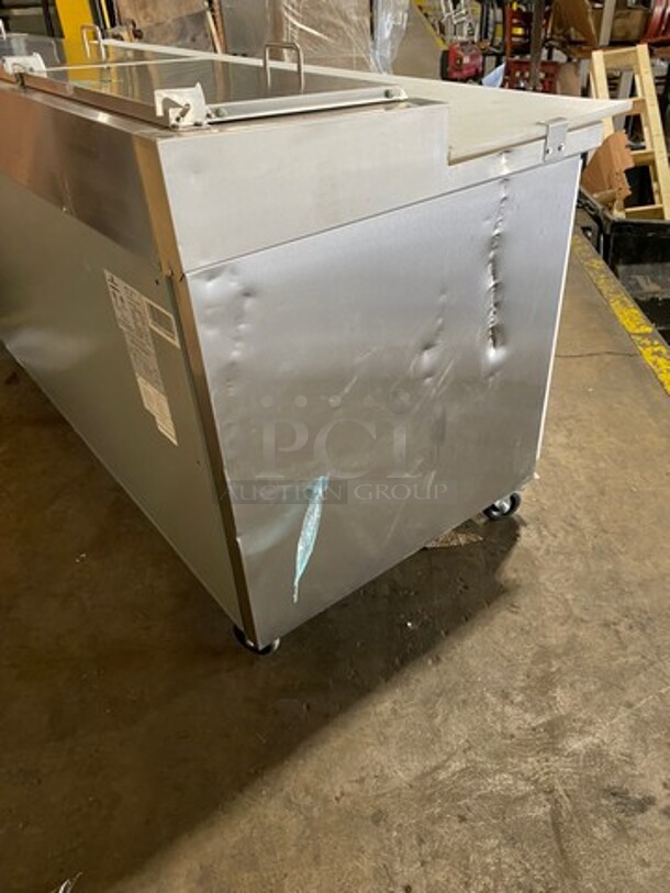 NICE! SCRATCH-N-DENT! Kelvinator Commercial Refrigerated Pizza Prep Table! With Commercial Cutting Board! With 3 Door Storage Space Underneath! All Stainless Steel! On Casters! Model: KCHPT9212 SN: 93610053 115V - Image 3 of 12