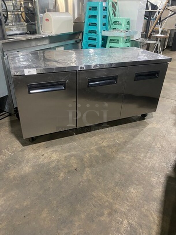 Saturn Commercial 3 Door Refrigerated Lowboy/Worktop Cooler! With Poly Coated Racks! All Stainless Steel! On Casters! WORKING WHEN REMOVED! Model: USC72 SN: MZZPRUR720001 115V 60HZ 1 Phase
