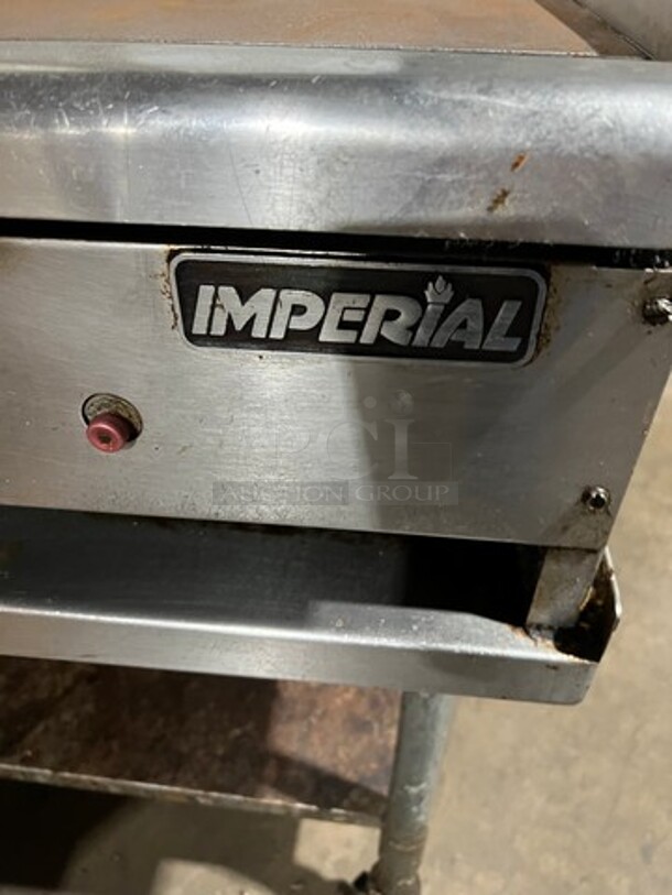Imperial Commercial Countertop Natural Gas Powered Flat Top Griddle! With Back And Side Splashes! On Legs! On Equipment Stand! With Storage Space Underneath! All Stainless Steel! On Casters! - Image 4 of 7
