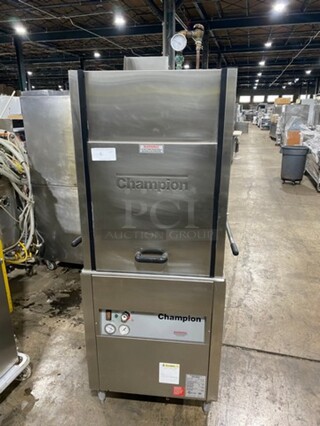 Champion Commercial Pass-Through Dishwasher Machine! All Stainless Steel! On Legs! With Right Side Dishwasher Table! With Back And One Side Splash! Model: DHBT SN: D11038937 208/240V 60HZ 3 Phase