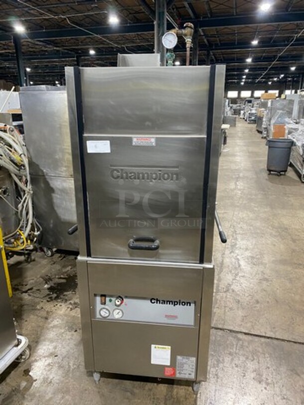 Champion Commercial Pass-Through Dishwasher Machine! All Stainless Steel! On Legs! With Right Side Dishwasher Table! With Back And One Side Splash! Model: DHBT SN: D11038937 208/240V 60HZ 3 Phase - Item #1072528