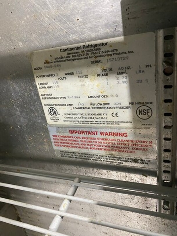 Continental Commercial Refrigerated Sandwich Prep Table! With Double Over Head Shelf! With 2 Door Underneath Storage Space! With Poly Coated Racks! All Stainless Steel! Model: SW6024M Serial 15713729! 115V 1Phase! On Casters!
 - Image 7 of 10
