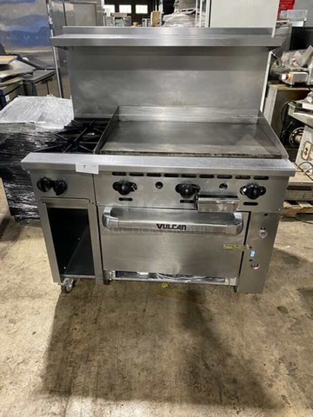 WOW! Vulcan Commercial Natural Gas Powered Flat Top Griddle With 2 Burner! Flat Griddle Has Side Splashes! With Raised Back Splash And Salamander Shelf! With Oven Underneath! All Stainless Steel! On Casters! Model: 48C2B36GN SN: 650094075