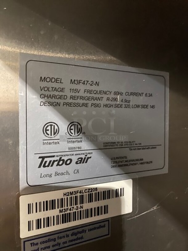 Turbo Air Commercial 2 Door Reach In Freezer! With Poly Coated Racks! All Stainless Steel! On Casters! Model: M3F472N SN: H2M3F4LCZ205 115V 60HZ 1 Phase! Working When Removed! - Image 8 of 10