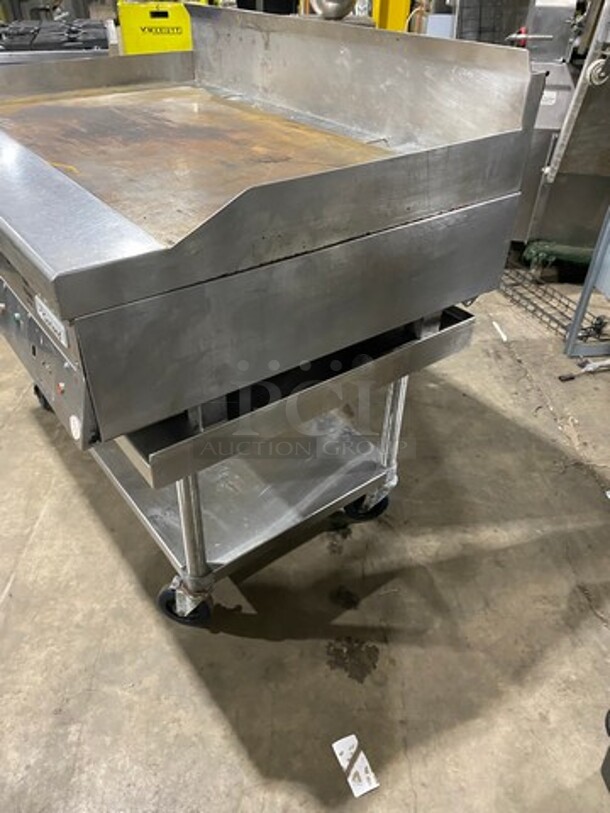 Garland Commercial Countertop Gas Powered Flat Griddle! With Back And Side Splashes! On Equipment Stand! With Storage Space Underneath! All Stainless Steel! On Casters! - Image 2 of 8