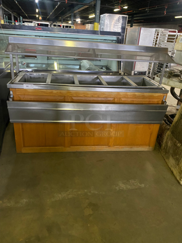 Atlas Metal Commercial 5 Bay Refrigerated Salad Bar/Cold Pan! With Sneeze Guard! With Tray Slide On Both Sides! Stainless Steel With Wooden Pattern Front! Model: WCMBT5 SN: 173995 115V 60 HZ 1 Phase