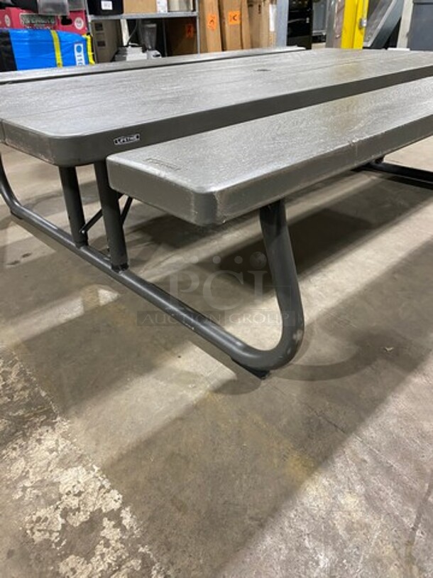 NICE! Lifetime Wooden Pattern Poly Picnic Table! With Dual Side Bench Seats! With Foldable Legs! - Image 5 of 9