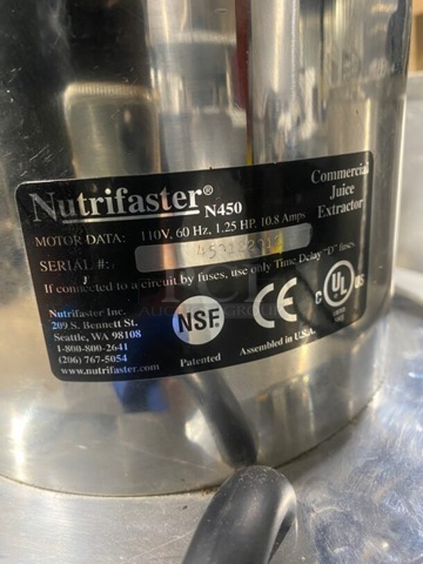 Nutrifaster Commercial Countertop Juicer Extractor! Solid Stainless Steel! Model: N450 SN: 459122012 110V - Image 5 of 9