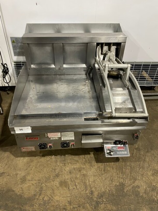 LANG  Commercial Countertop Natural Gas Powered Flat Top Griddle With Clamshell Flat Hood Press! With Thermostatic Controls! Built In Hood! With Back And Side Splashes! All Stainless Steel! Model: 236SCHENSH On Legs! - Image 1 of 8