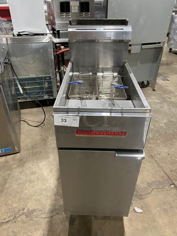 American Range Commercial Natural Gas Powered Deep Fat Fryer! With 2 Metal Frying Baskets! With Backsplash! All Stainless Steel! On Legs! Model: AF50HE SN: 211020FO357 - Image 1 of 9