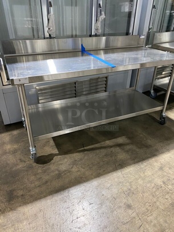WOW! NEW! NEVER USED! Emi Heavy Duty Heavy Gage Welded Work Top/ Prep Table! With Back Splash! With Storage Space Underneath! Stainless Steel! On Casters! - Image 1 of 8