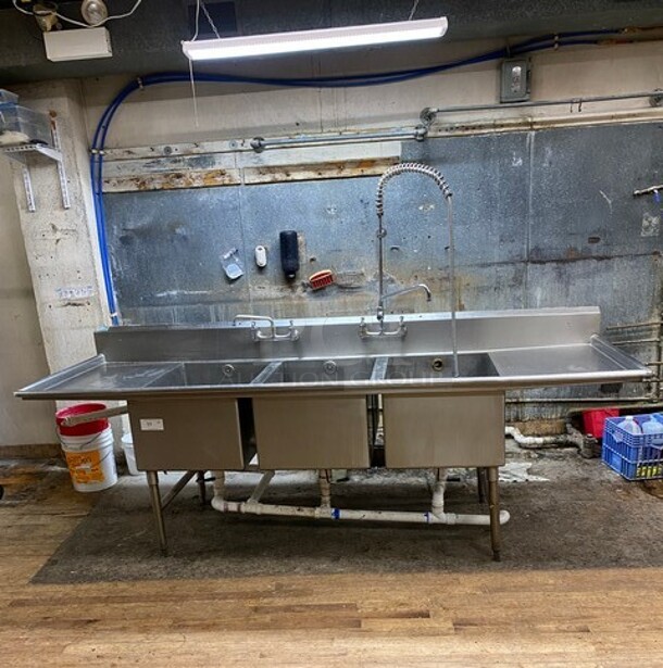 Advance Stainless Steel Commercial 3 Compartment Dish Washing Sink! With Dual Side Drain Board! With Faucet And Handles! Each Compartment 24x30 Excellent For Full Size Sheet Pans! - Image 1 of 9