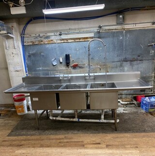 Advance Stainless Steel Commercial 3 Compartment Dish Washing Sink! With Dual Side Drain Board! With Faucet And Handles! Each Compartment 24x30 Excellent For Full Size Sheet Pans!